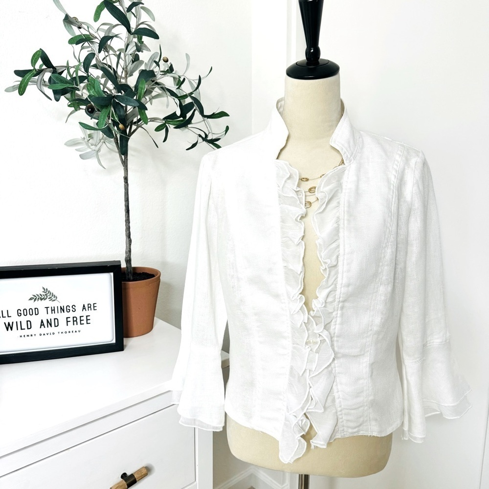 Lena Gabrielle White French 100% Linen Gauze Romantic 3/4 Jacket Size 4